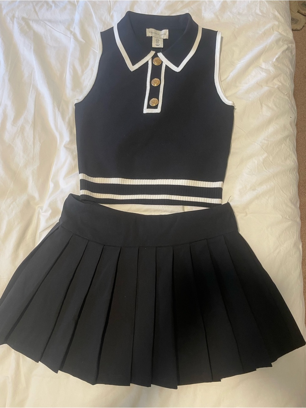 Sincerly Jules Black Sleeveless Polo Top & Pleated Skirt Set with White Trim